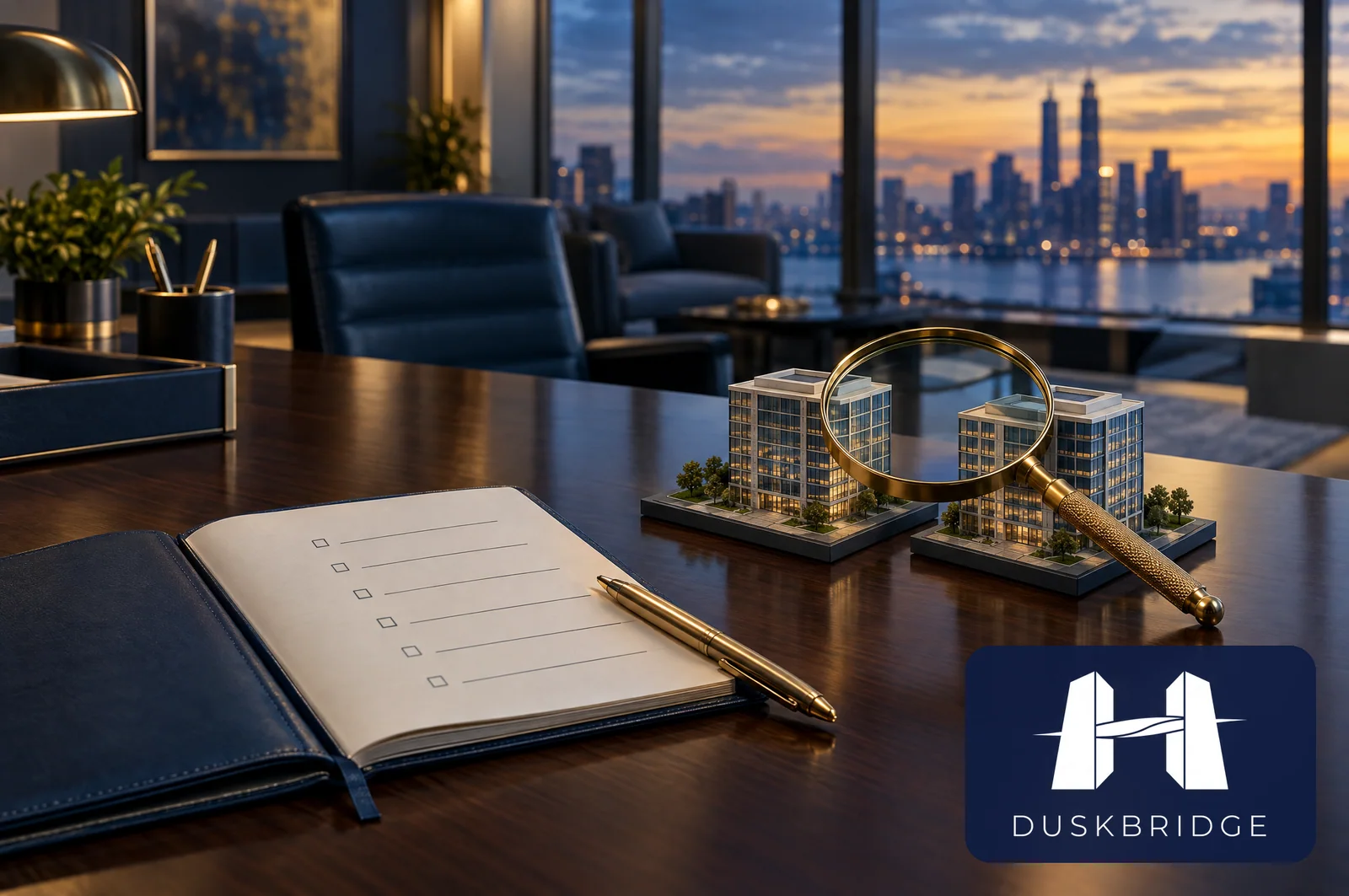 A checklist and magnifying glass beside two separate building models, representing diligence on ownership and operating boundaries.