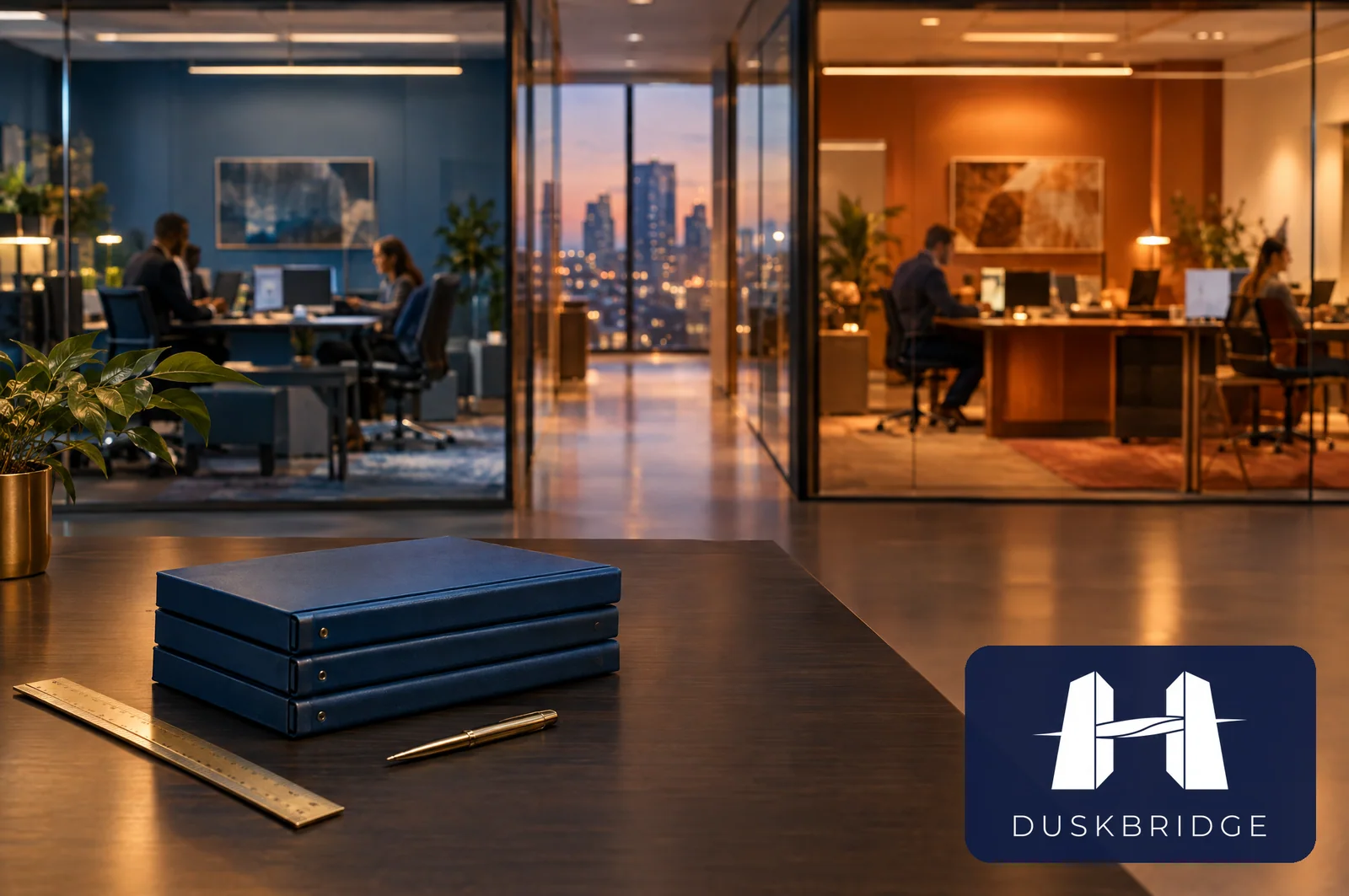 Two distinct office teams working on opposite sides of a shared corridor, representing separate operating companies within one governed group.