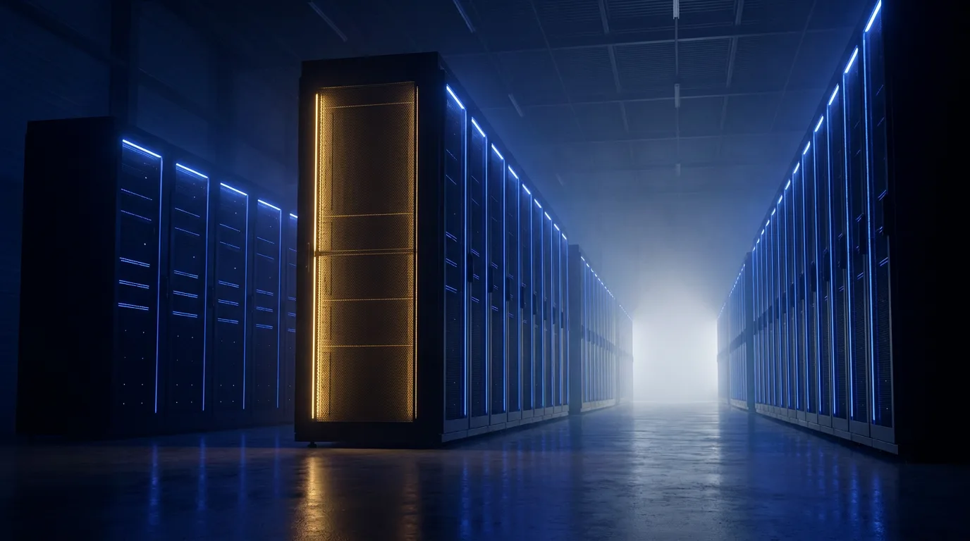 Dark server hall with blue and gold light seams receding toward a bright vanishing point